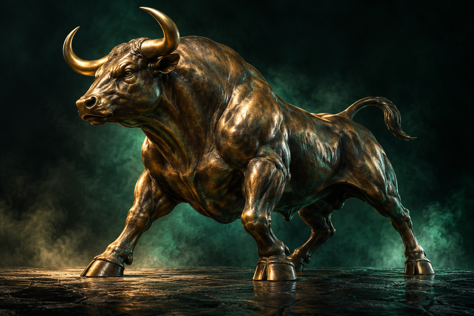 A majestic bronze bull illuminated by golden light against a deep emerald background.